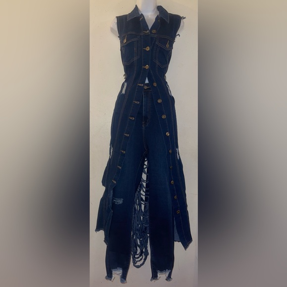Jackets & Blazers - Denim Distressed Maxi Vest with Button Front and Matching Distressed Jeans